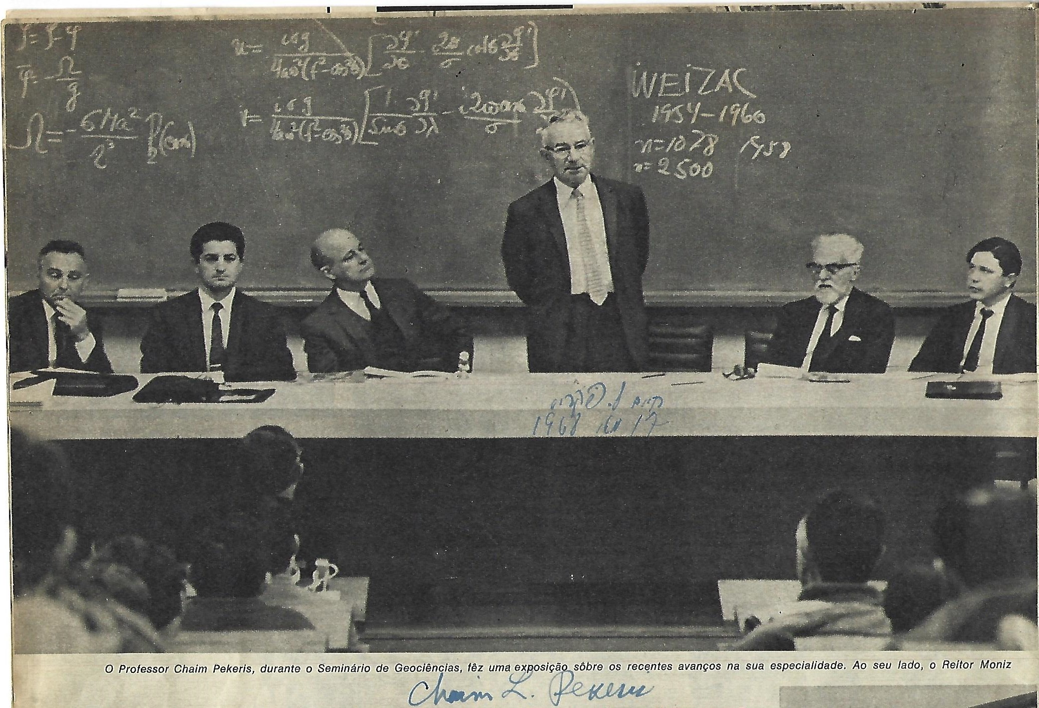 Profesor Chaim Pekeris, General Amos Choref y Azi Wolfenson Seminario Ciencias Instituto Weisman de Ciencias, Israel en Rio de Janeiro, Brasil, Mayo 1968